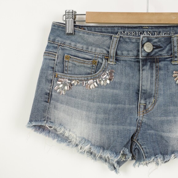 American Eagle Outfitters Frayed cut off sequin denim shorts size 2 - Picture 2 of 10
